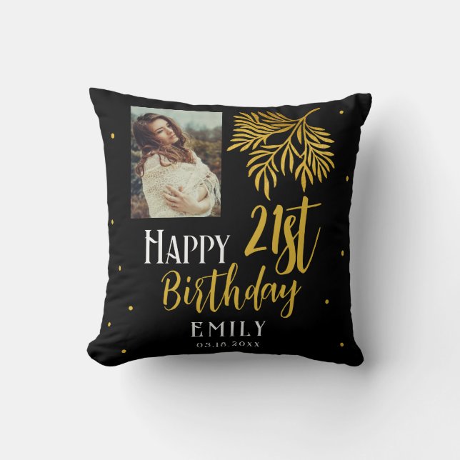 Coussin Elégant Joyeux 21e anniversaire Gold Foliage Photo (Recto)