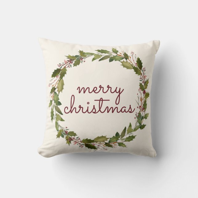 Coussin Élégant Joyeux Noël Holly Berry Vintage Script (Recto)