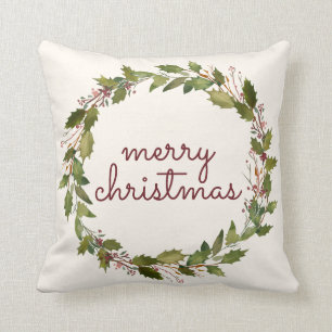Coussin Élégant Joyeux Noël Holly Berry Vintage Script