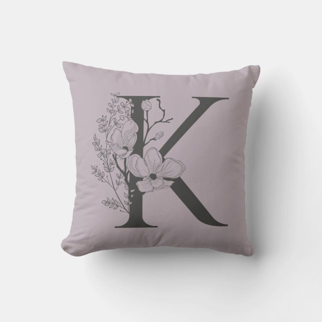 Coussin Élégant K Boho Floral Monogramme initial Lilac Gre (Recto)