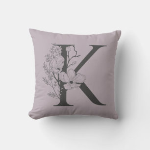 Coussin Élégant K Boho Floral Monogramme Initial Lilac Gri