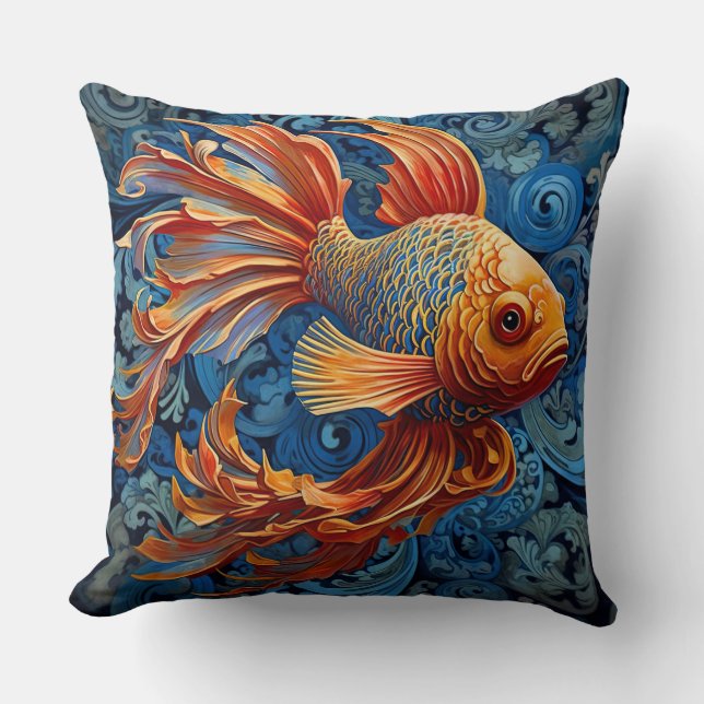 Coussin Elégant Koi Fish Bleu/coussin d'accent orange (Recto)