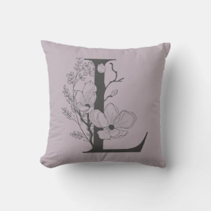 Coussin Élégant L Boho Floral Monogramme Initial Lilac Gri