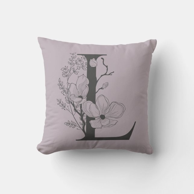 Coussin Élégant L Boho Floral Monogramme Initial Lilac Gri (Recto)