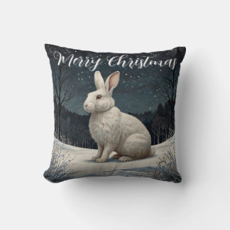 Coussin Elégant lapin blanc Noël forêt enneigée