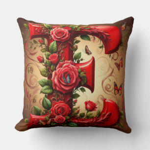 Coussin Elegant lettre E rouge par Roses et Papillon