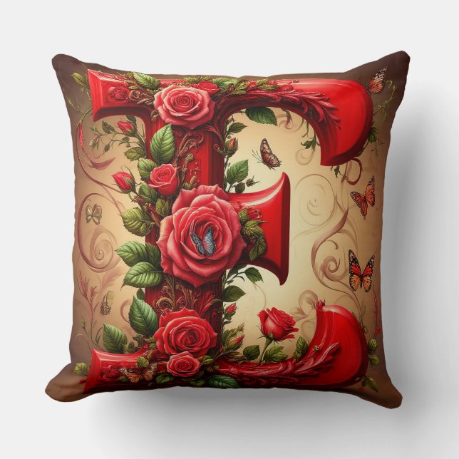 Coussin Elegant lettre E rouge par Roses et Papillon (Recto)