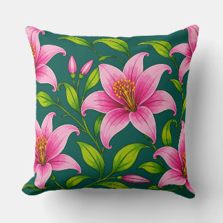 Coussin Élégant lys rose floral avec feuillage vert