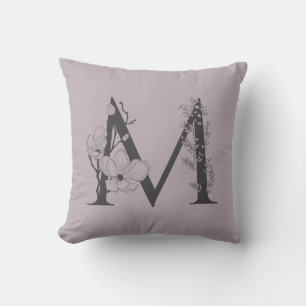 Coussin Élégant M Boho Floral Monogramme Initial Lilac Gri