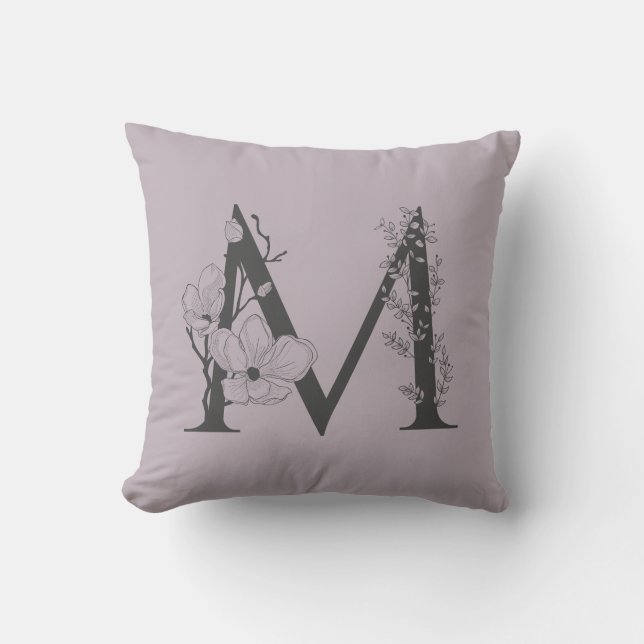 Coussin Élégant M Boho Floral Monogramme Initial Lilac Gri (Recto)