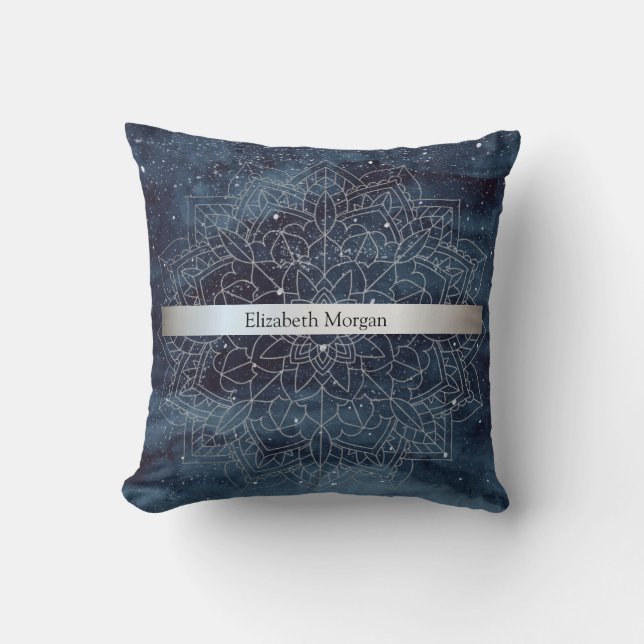 Coussin Élégant mandala moderne argenté rayure bleu marine (Recto)