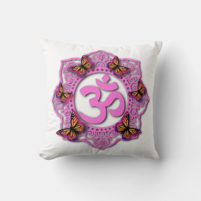 Coussin Elégant mandala rose ohm papillon violet rose (Recto)