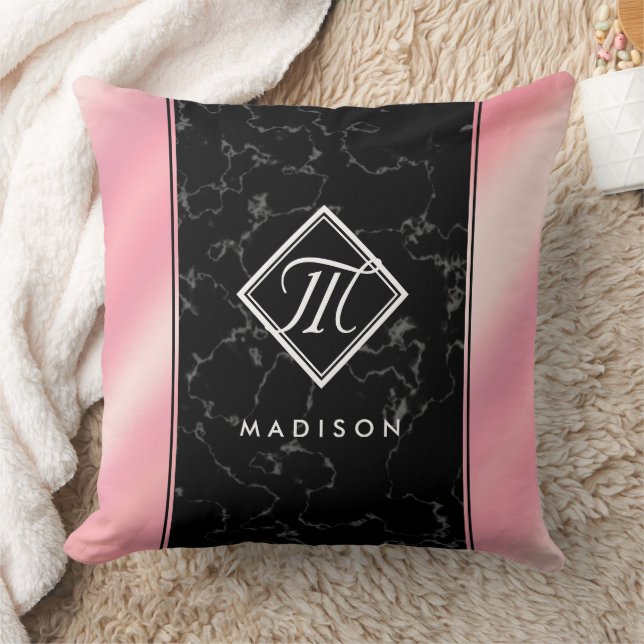 Coussin Élégant marbre noir et monogramme à huile rose (Couverture)