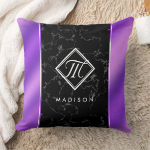 Coussin Élégant marbre noir et monogramme à huile violette