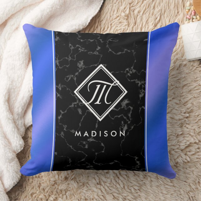 Coussin Élégant marbre noir et monogramme Royal Blue Foil (Couverture)