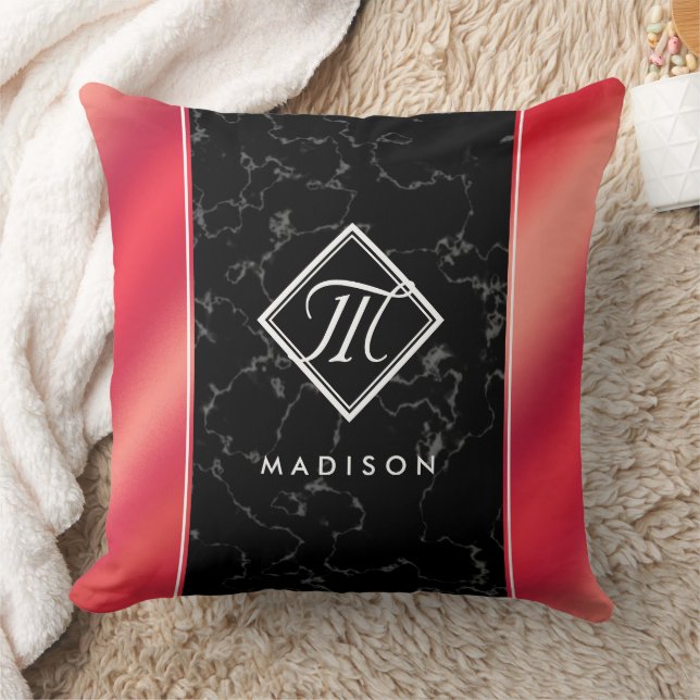 Coussin Élégant marbre noir et rosé Monogramme d'huile rou (Couverture)