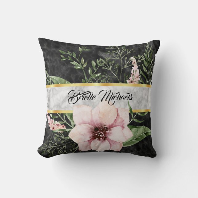Coussin Élégant Marbre Noir Rose Floral Avec Nom (Recto)