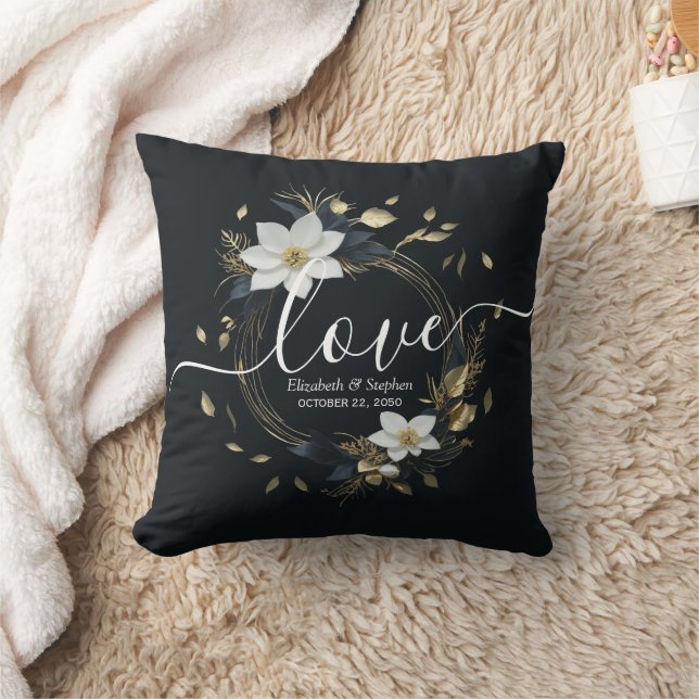 Coussin Élégant Mariage de couronnes florales noir blanc e (Couverture)