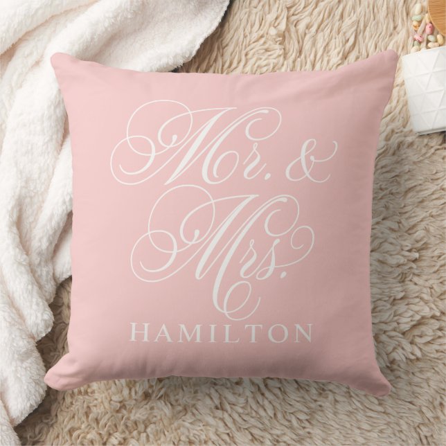 Coussin Élégant Mariage Script Mr et Mrs Rose (Couverture)