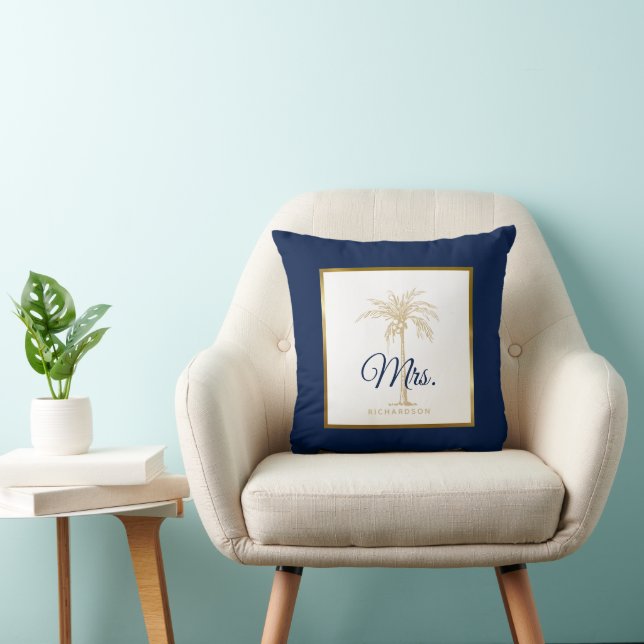 Coussin Elégant Marine Blue Gold Palm Tree Mariage Mme. (Chaise)