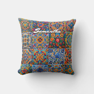 Coussin Élégant mexicain talavera rouge carreaux jaune mon