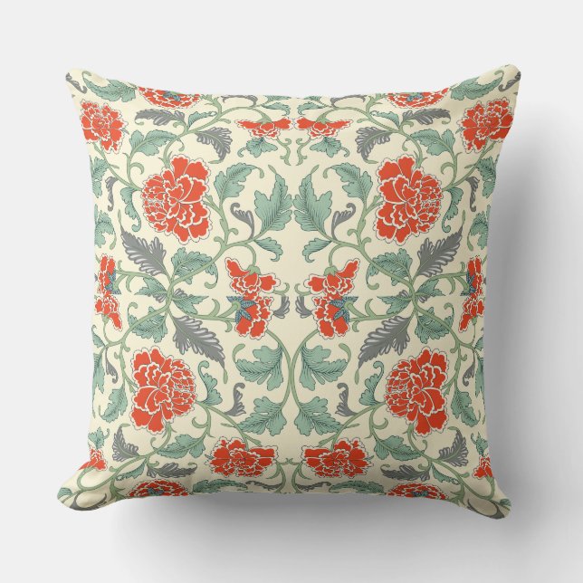 Coussin Élégant modèle floral chinois rouge vert (Recto)