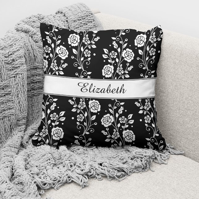 Coussin Élégant Modèle Floral Noir Et Blanc (Créateur téléchargé)