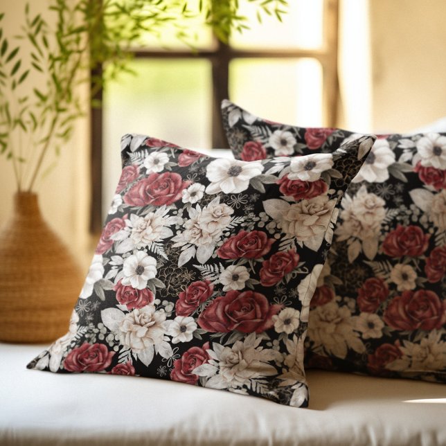 Coussin Élégant modèle floral noir Rose de Bourgogne (Créateur téléchargé)