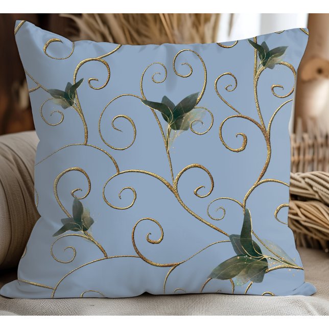 Coussin Élégant modèle floral or Whimsical bleu clair (Créateur téléchargé)