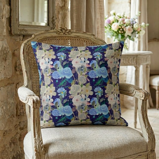 Coussin Élégant Moderne Fantaisiste Fleurs Rayures Bleu Fo (Créateur téléchargé)