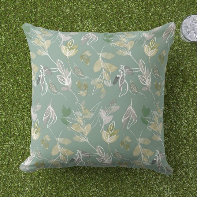 Coussin Élégant Moderne Feuilles d'Argent Vert Sauge Feuil (Herbe)