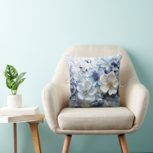 Coussin Élégant Moderne Fleur Botanique Bleu Blanc