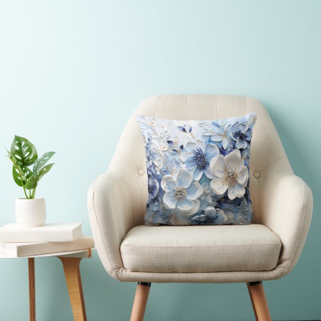 Coussin Élégant Moderne Fleur Botanique Bleu Blanc (Chaise)