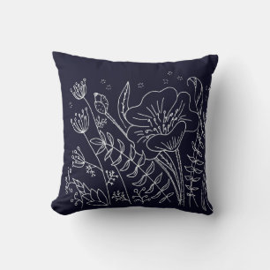 Coussin Élégant Moderne Fleurs Bleu Nuit et Blanc