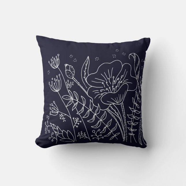 Coussin Élégant Moderne Fleurs Bleu Nuit et Blanc (Recto)