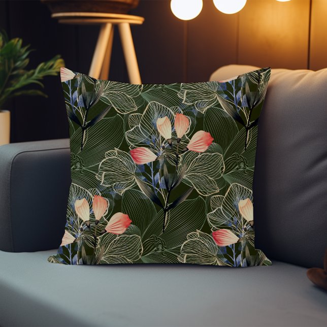 Coussin Élégant Moderne Foncé Bohème Floral Vert Foncé (Créateur téléchargé)