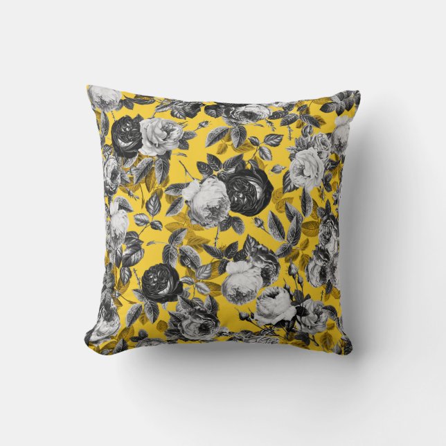 Coussin Élégant Moderne Vintage Noir Blanc Roses Jaune (Recto)