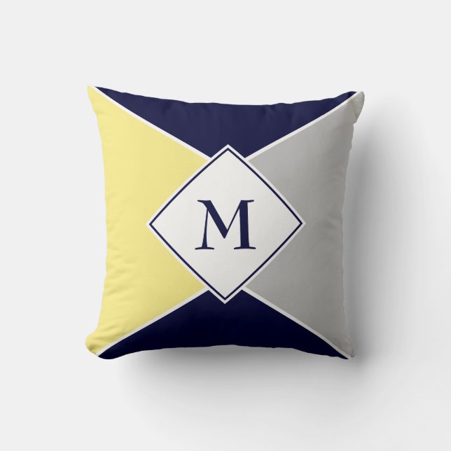 Coussin Élégant MONOGRAM géométrique | Marine jaune gris (Recto)