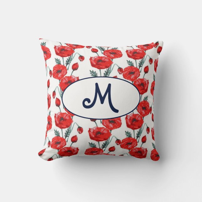 Coussin Elegant monogram pattern with red poppy flowers (Recto)
