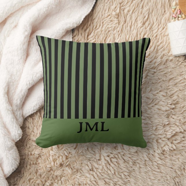 Coussin Élégant Monogramme à rayures noir et vert foncé (Couverture)