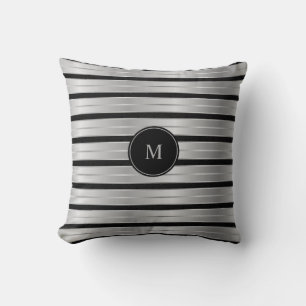 Coussin Élégant Monogramme Argent Et Bandes Noires