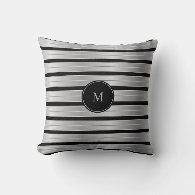 Coussin Élégant Monogramme Argent Et Bandes Noires (Recto)