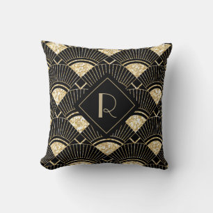 Coussin Élégant Monogramme Art Déco Noir et Or