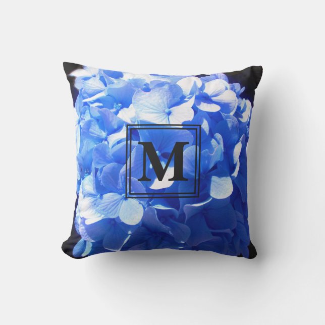 Coussin Élégant monogramme bleu hydrangée florale (Recto)