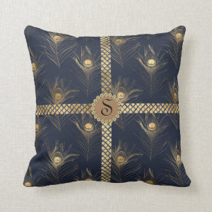 Coussin Elégant Monogramme bleu Peacock or Bling Glam