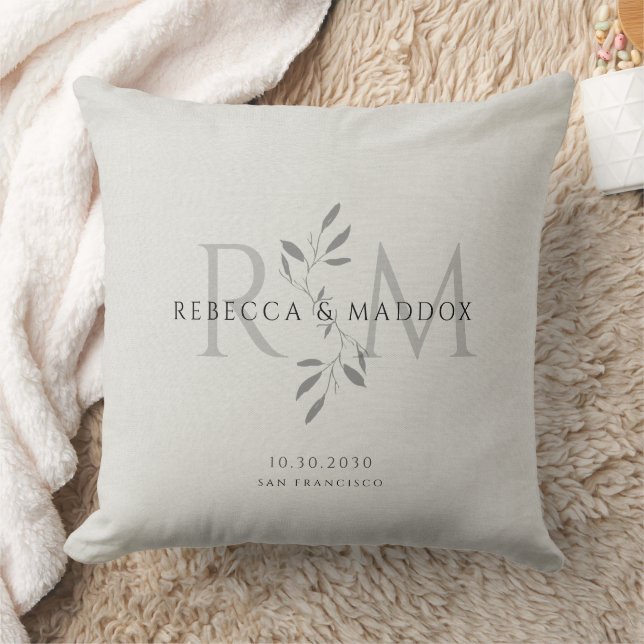 Coussin Élégant Monogramme Botanique Gris Mariage (Couverture)
