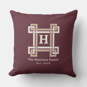Coussin Élégant Monogramme Clé Grecque Burgundy Personnali