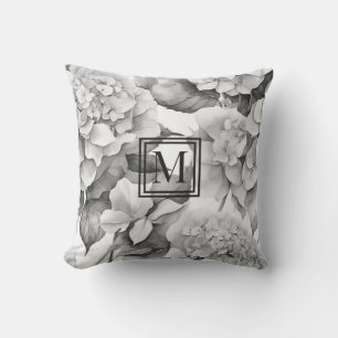 Coussin Élégant monogramme d'aquarelle florale gris blanc