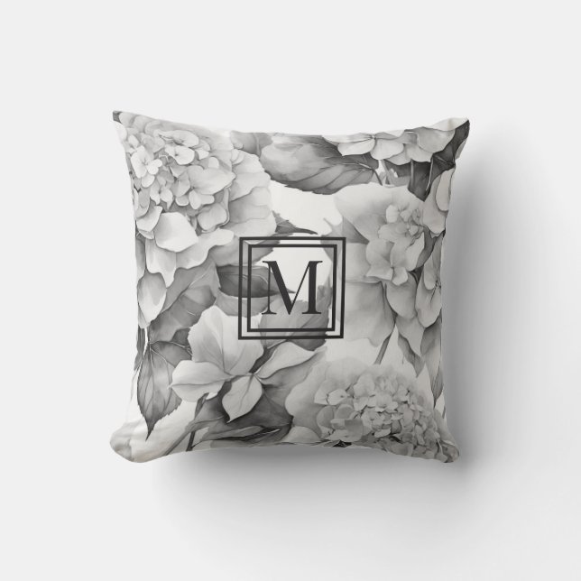 Coussin Élégant monogramme d'aquarelle florale gris blanc (Recto)