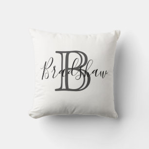 Coussin Élégant Monogramme d'argent noir Nom personnalisé
